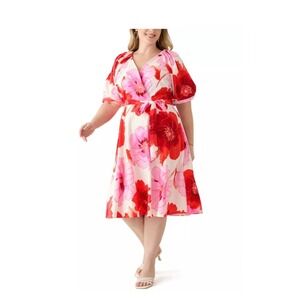 Maison Tara White Midi Dress with Red and Pink Floral Print